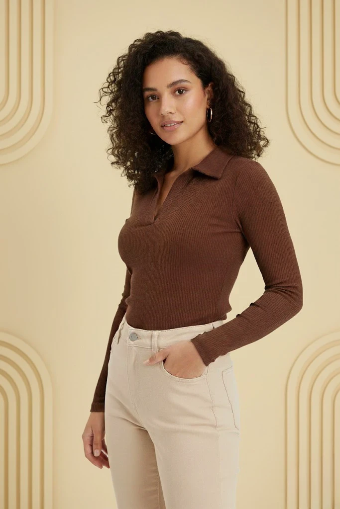 Ribbed Collar V-Neck Long Sleeves