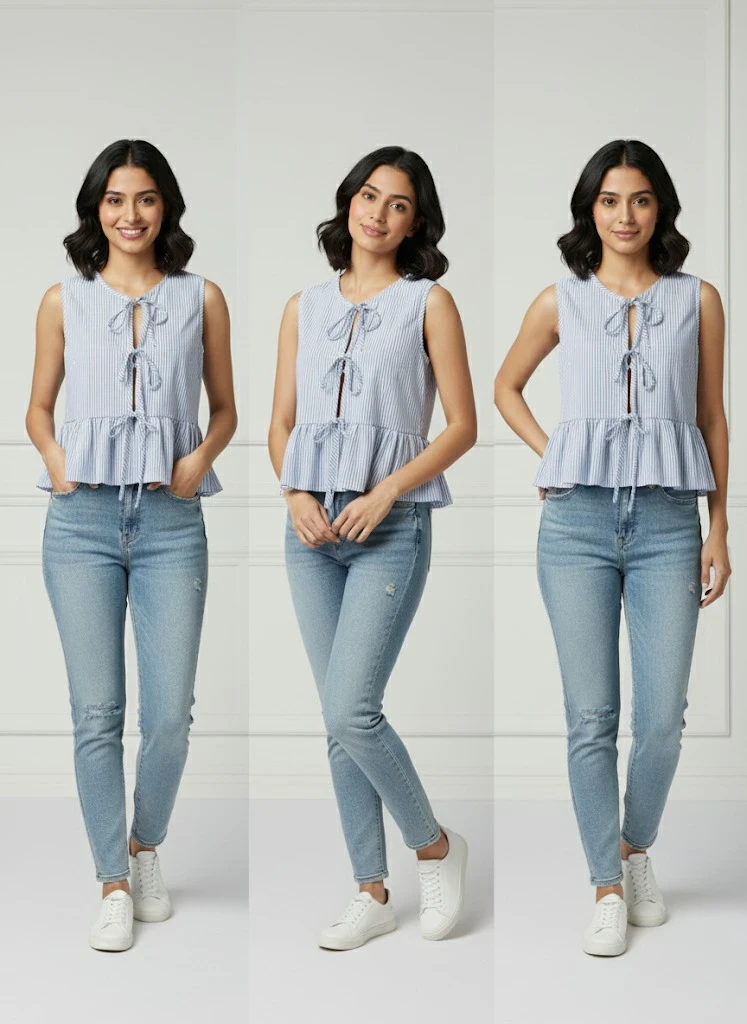 Ruffle Cotton Striped Bow Tie Sleeveless  Top