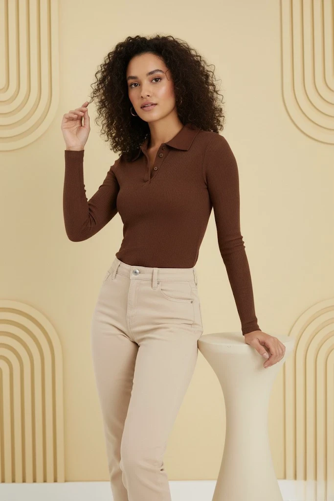Ribbed Collar V-Neck Long Sleeves