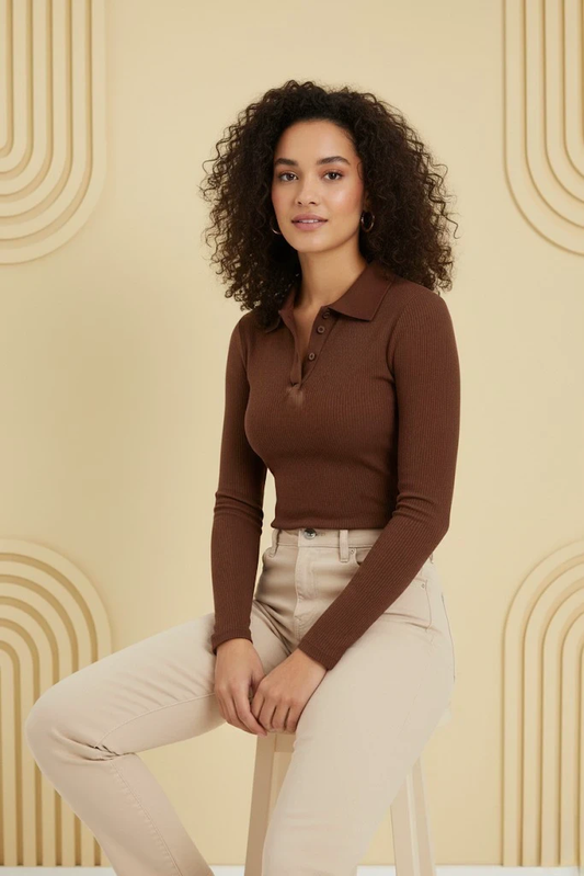 Ribbed Collar V-Neck Long Sleeves