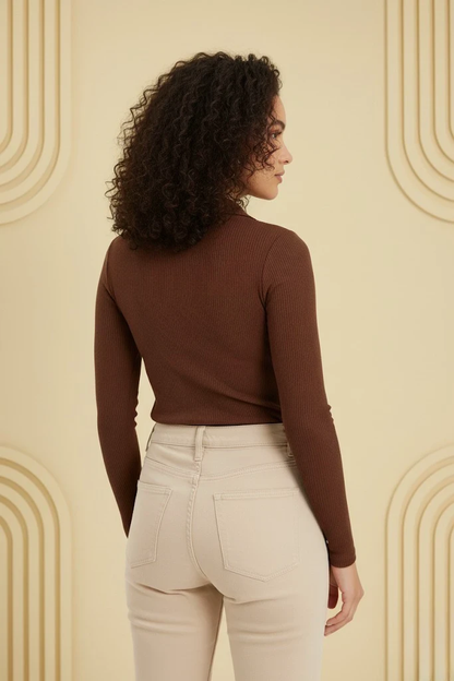 Ribbed Collar V-Neck Long Sleeves