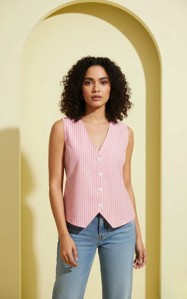 Pink & White Striped V-Neck Sleeveless Waistcoat