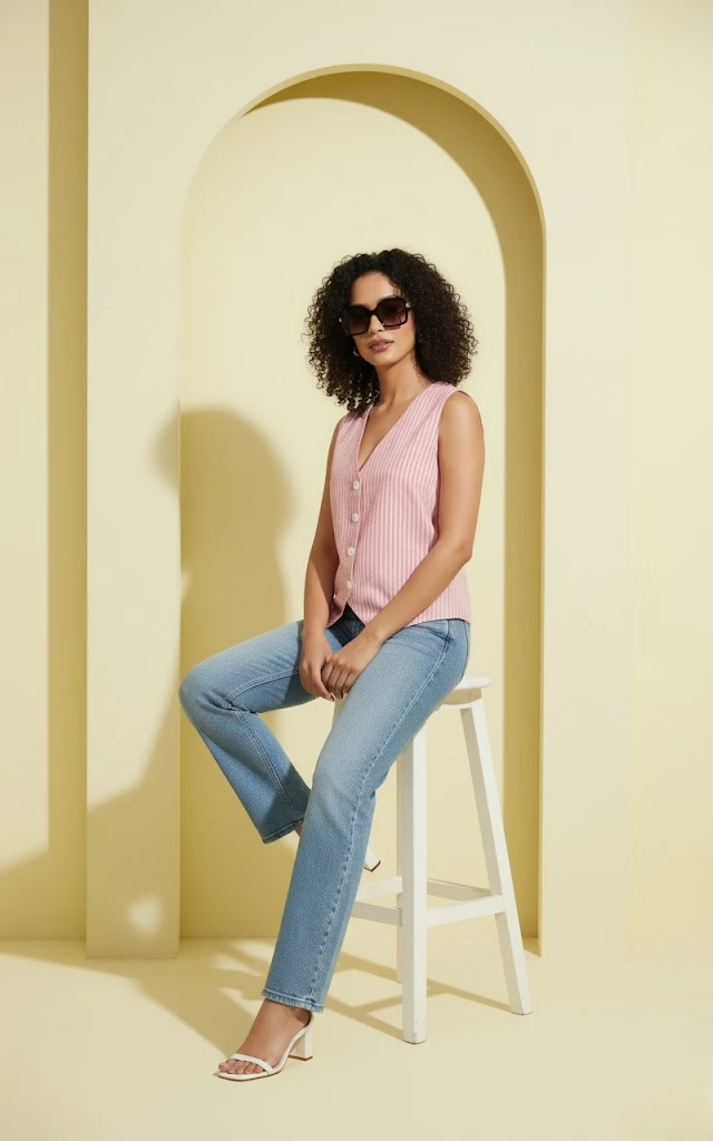 Pink & White Striped V-Neck Sleeveless Waistcoat