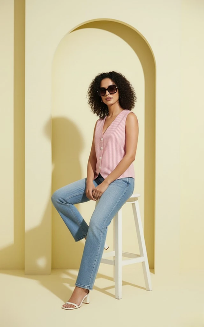 Pink & White Striped V-Neck Sleeveless Waistcoat