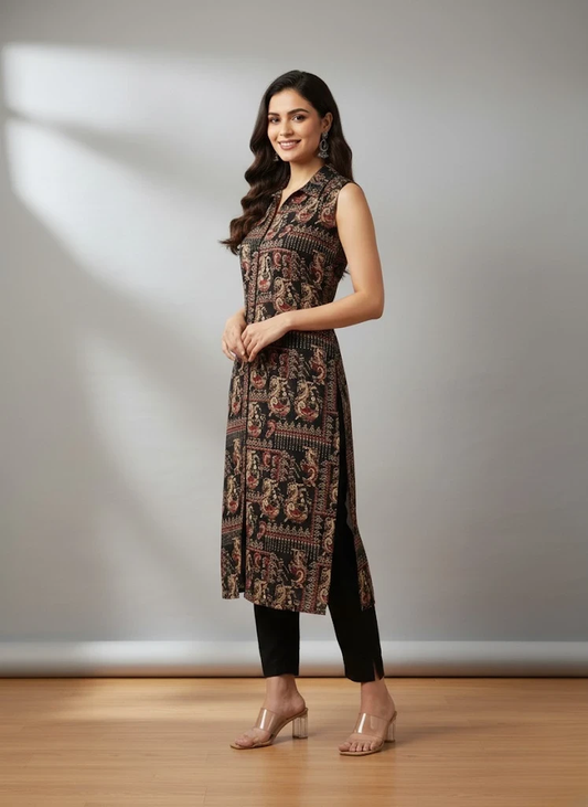 Women's printed straight sleeves kurta black