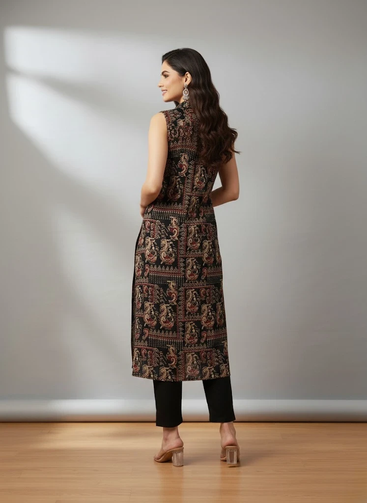 Women's printed straight sleeves kurta black
