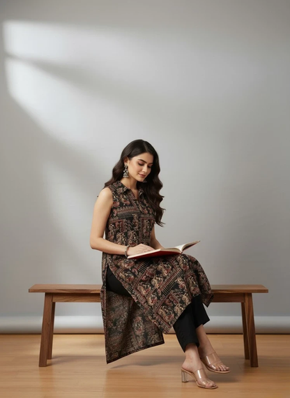 Women's printed straight sleeves kurta black