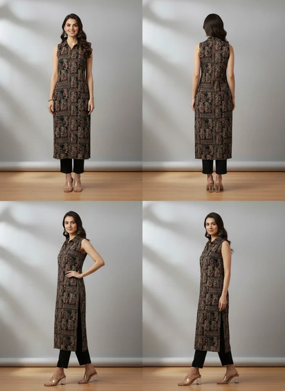 Women's printed straight sleeves kurta black