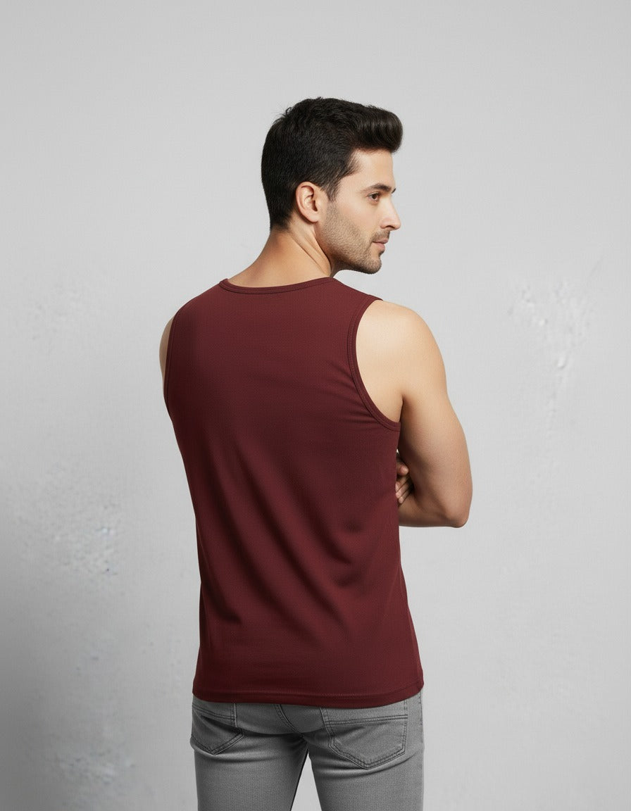 Yilden Men's Cotton Round Neck Printed Maroon Sleeveless T-shirt