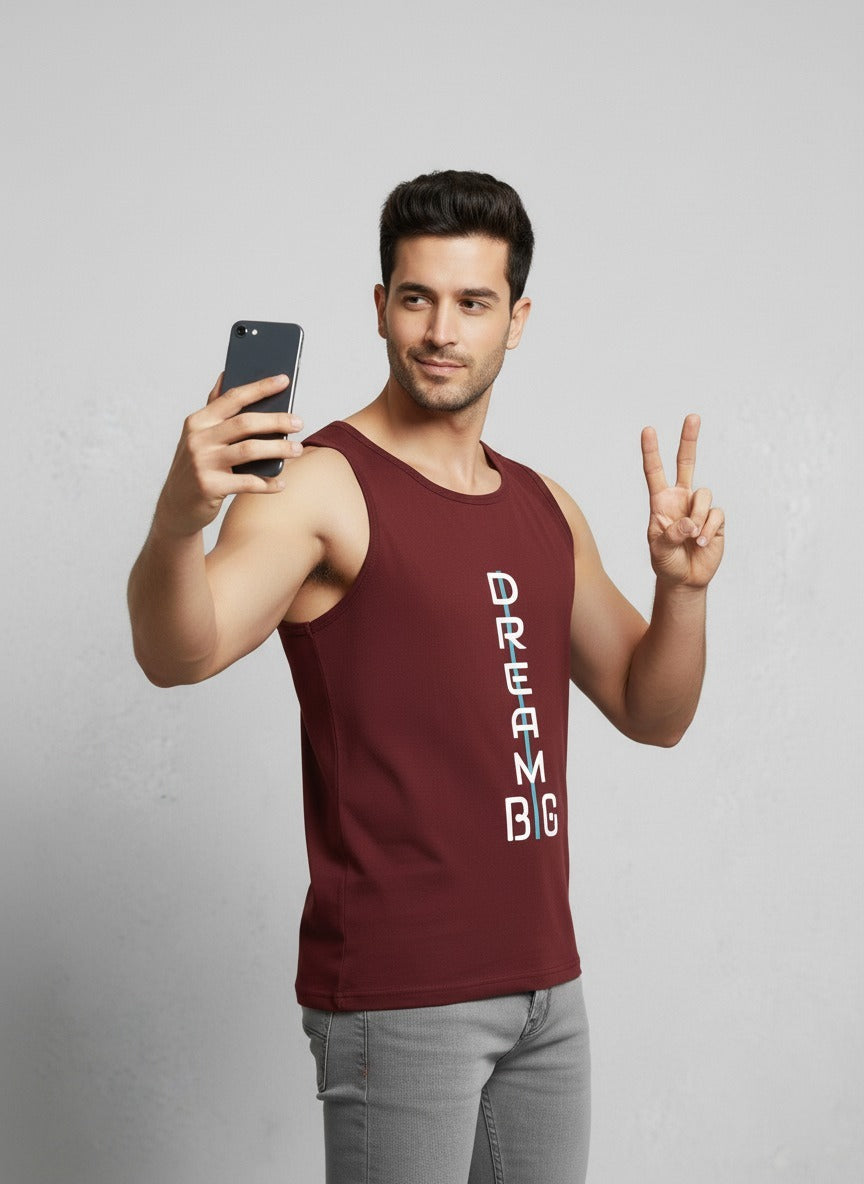 Yilden Men's Cotton Round Neck Printed Maroon Sleeveless T-shirt
